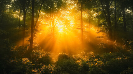 Obraz premium The sun is shining through the trees, casting a warm glow on the forest floor. The light is bright and inviting, creating a peaceful and serene atmosphere