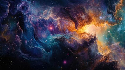 Fototapeta premium An abstract cosmic scene with swirling galaxies and bright stars.