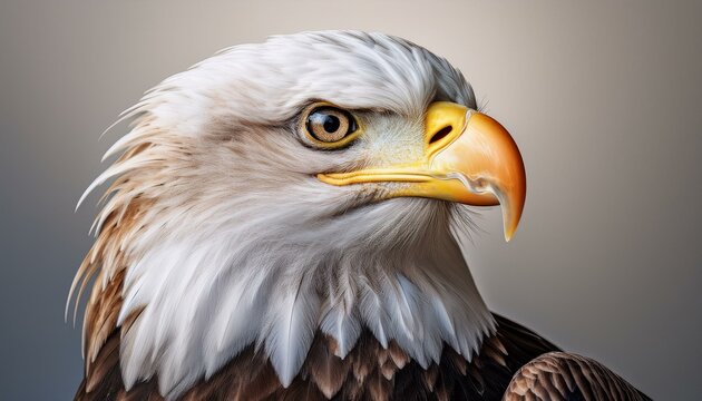 Portrait of a bald eagle with its head turned to the side, sharply detailed feathers and bea 
