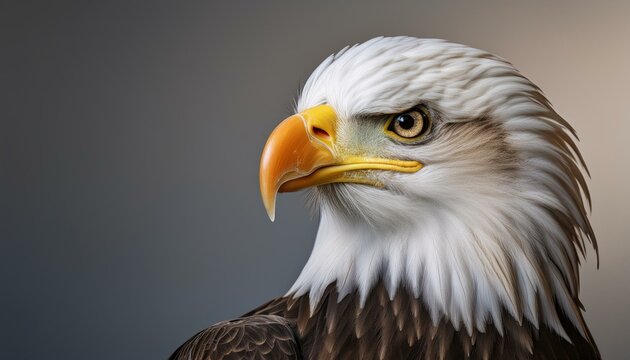 Portrait of a bald eagle with its head turned to the side, sharply detailed feathers and bea 