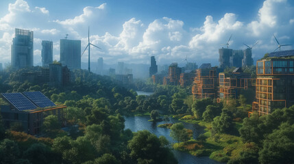 Obraz premium A futuristic city with tall buildings and windmills. The city is surrounded by a lush green forest and a river. The buildings are made of wood and have solar panels on their roofs
