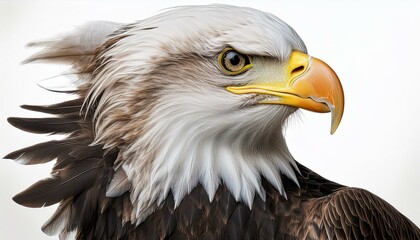 Fototapeta premium Side profile of a bald eagle with its beak slightly open, feathers ruffled by the wind, set 