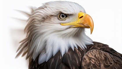 Obraz premium Side profile of a bald eagle with its beak slightly open, feathers ruffled by the wind, set 