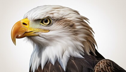 Obraz premium Side profile of a bald eagle with its beak slightly open, feathers ruffled by the wind, set 