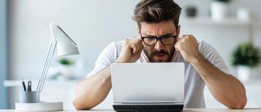 Frustrated young professional grapples with a tech issue, tension etched on his face as he stares intently at his laptop screen. 