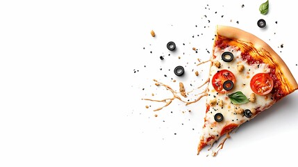 isometric doodle illustration of pizza slice with playful cheese strings, isolated on white background, copy space for text,