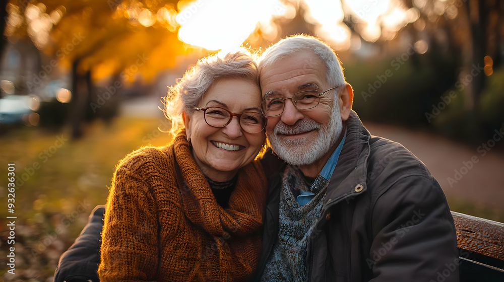 Poster A joyful elderly couple smiling together in a park at sunset.