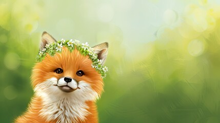 Fototapeta premium Realistic 3D Painting of an Anthropomorphic Baby Fox Wearing a Flower Crown, Set Against a Blurred Green Background, Highlighting Fluffy Fur and Adorable Features