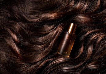 Fototapeta premium Photo of a bottle of hair growth product on top of long brown wavy hair