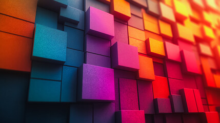 A colorful wall made of blocks with a blue square in the middle. The wall is made of different colored blocks, including red, purple, and yellow