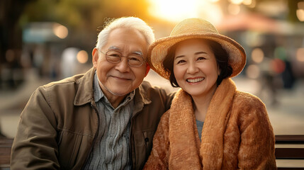 Obraz premium A joyful elderly couple smiling warmly in a park setting.