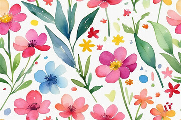 Colorful Floral Watercolor Pattern with Leaves on White Background