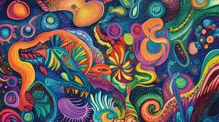 Intricate abstract designs in a variety of bright colors, forming a detailed and vibrant scene.