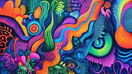 Fototapeta premium Intricate abstract designs in a variety of bright colors, forming a detailed and vibrant scene.