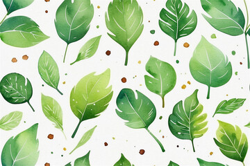 Seamless Green Leaf Watercolor Pattern on White Background
