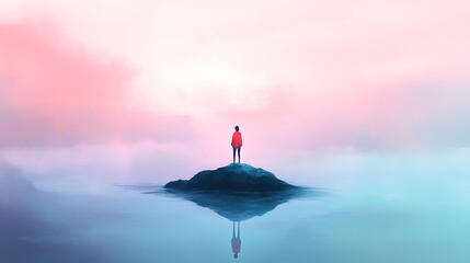 A solitary figure stands on a small rock in the middle of a still, reflective body of water. The sky above is a beautiful blend of pink and blue hues, creating a sense of peace and tranquility.