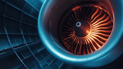 Close-Up of an Airplane Engine with Glowing Blades