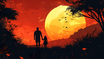 Silhouette of a Father and Daughter Against a Large Yellow Moon
