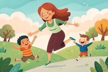 family in a park. mother and son. happy parents. cartoon vector illustrations