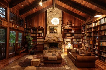 Cozy Cabin Library with Fireplace