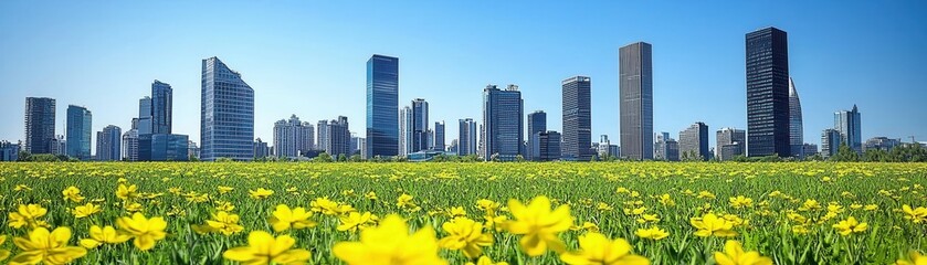 A vibrant field of yellow flowers in the foreground with a modern cityscape skyline under a clear blue sky in the background.