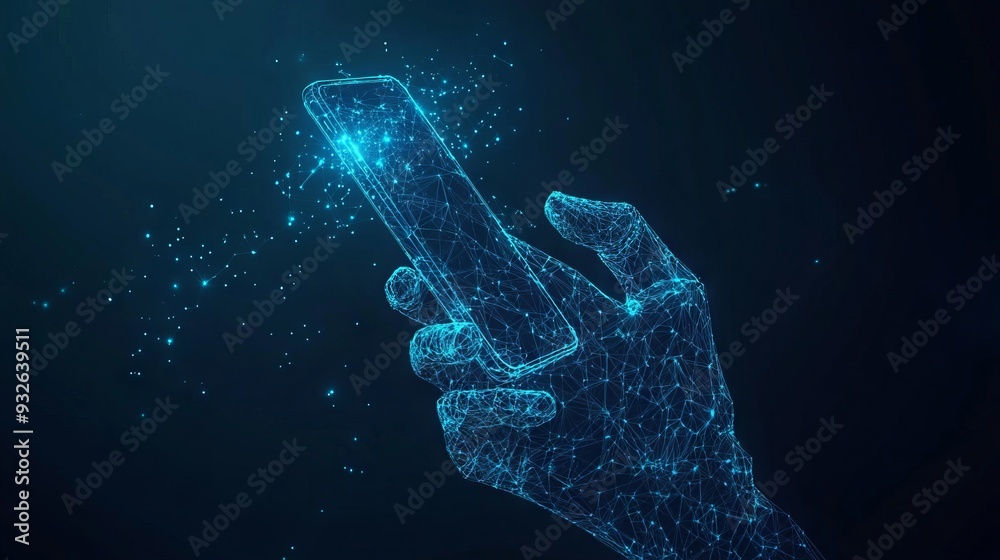 Wall mural abstract polygonal 3d image of robotics and hand holding phone in dark blue. innovative ux or ui dev