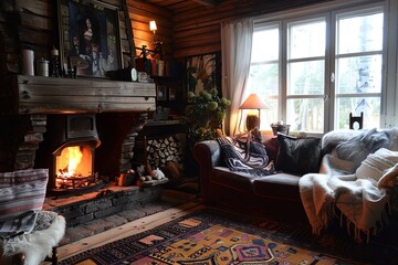 Cozy Cabin Interior with Fireplace and Rustic Decor