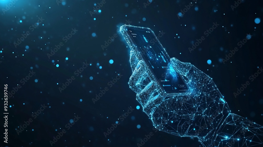 Wall mural abstract polygonal 3d image of robotics and hand holding phone in dark blue. innovative ux or ui dev