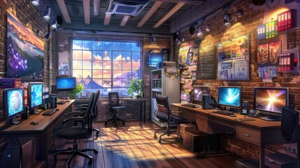 Fototapeta premium The gaming area features multiple computer stations adorned with anime artwork and a vibrant sunset illuminating the space