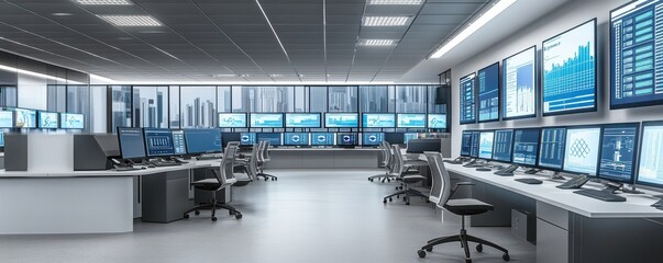Modern control room with multiple monitors displaying data and graphs, designed for efficient operations and data analysis.