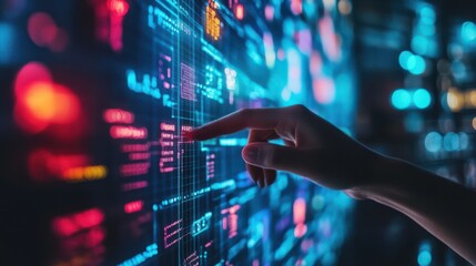 A hand pointing at a computer screen with a lot of numbers and letters. Concept of technology and the importance of understanding and navigating complex data