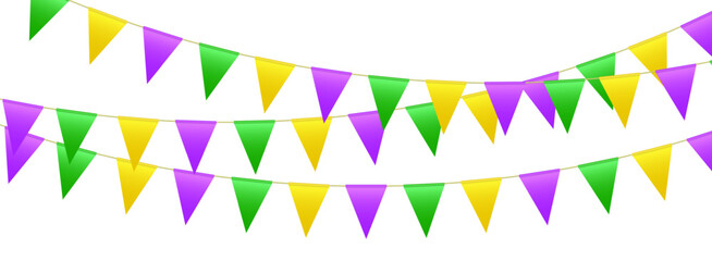 Bunting flags, carnival party flags, Mardi Gras festive pennants hanging on a rope. Festival vector decoration. © Likanaris