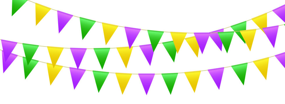 Bunting flags, carnival party flags, Mardi Gras festive pennants hanging on a rope. Festival vector decoration.
