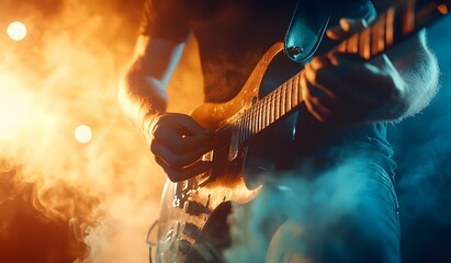 close up of electric guitar player playing on stage with smoke, orange blue yellow light background, blurred background, low angle shot, cinematic