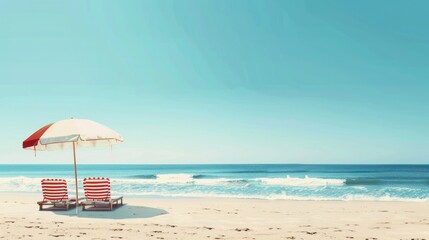 Obraz premium Beach Relaxation with Sun Umbrella and Loungers