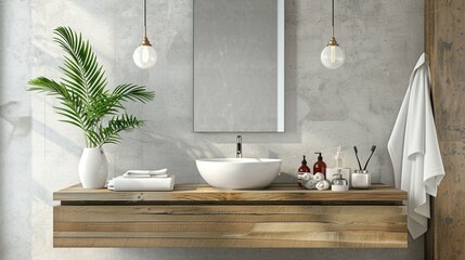 Contemporary Bathroom Vanity with Mirror and Sink in a Minimalistic Interior - 3D Rendered