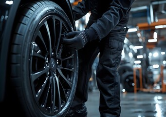 Naklejka premium Close-up of an auto mechanic in black uniform and gloves changing the tire on car wheel with copy space.