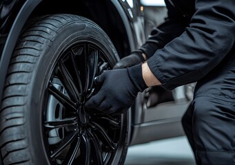 Close-up of an auto mechanic in black uniform and gloves changing the tire on car wheel with copy space. - Powered by Adobe