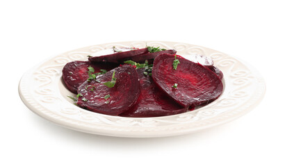 Plate of fresh salad with beet on white background