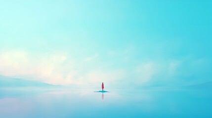 A solitary figure stands on a small island in the middle of a vast, tranquil lake, surrounded by a misty, blue sky.