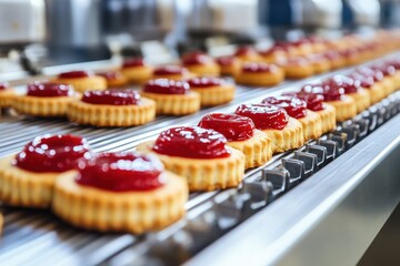 New process for making cookies with jam in bakery Cookie production on conveyor belt in factory