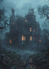 Obraz premium Spooky Halloween Night with Glowing Jack-O'-Lanterns, Haunted House, and Full Moon - Perfect for Halloween Party Invitations, Decorations, and October Festivities