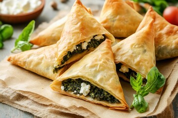 Newly made triangles filled with spinach and Feta cheese