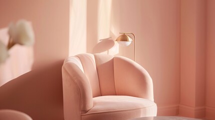 3. A closeup shot of a soft rose armchair paired with a minimalist gold lamp, in a tastefully decorated light pink apartment, the side view emphasizing the comfortable and elegant furnishings,