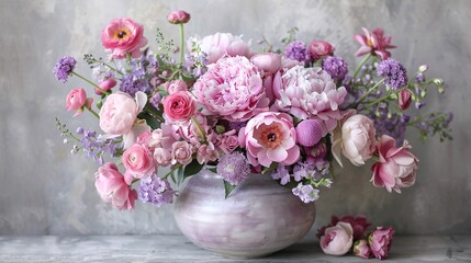 Fototapeta premium 2. A beautiful bouquet of pink and purple spring flowers, arranged in a round ceramic vase, showcasing a lush combination of peonies and roses, ideal for celebrating special occasions like Mother's
