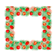 Strawberry Frame Watercolor Background with art, botanical elements, fresh fruit for vibrant design