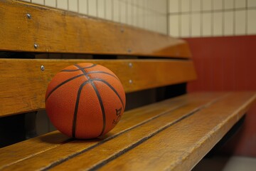 Orange basketball resting on wooden bench in locker room