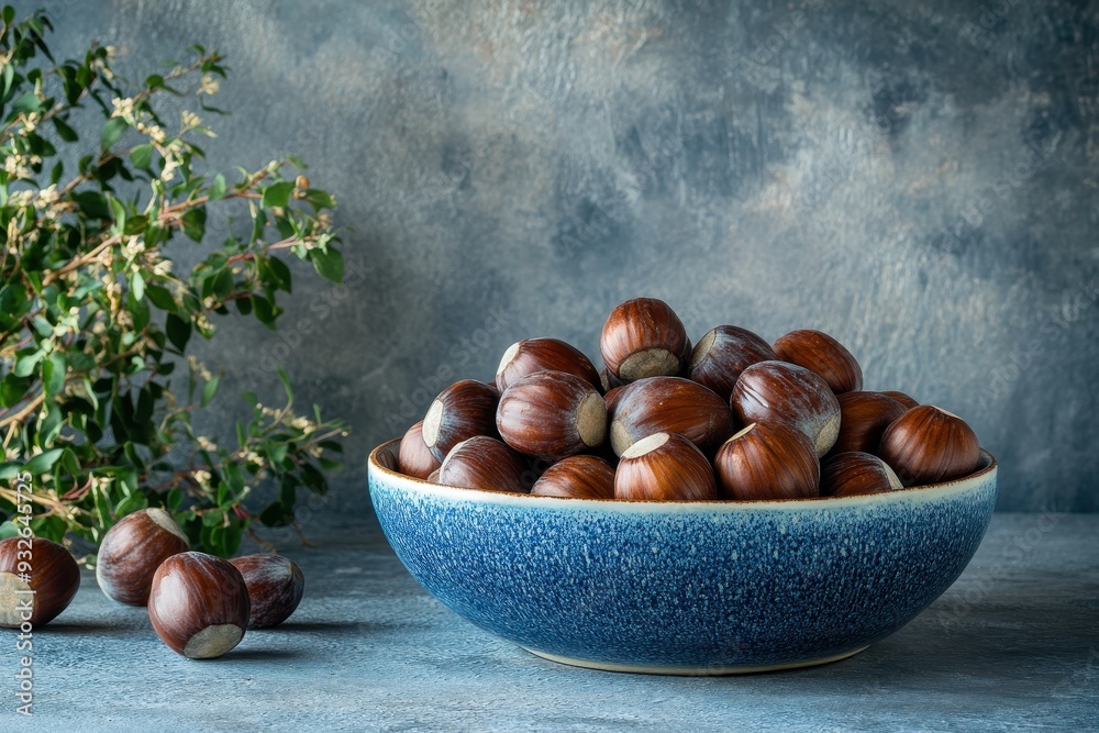 Poster organic chestnuts in bowl on table ready for cooking