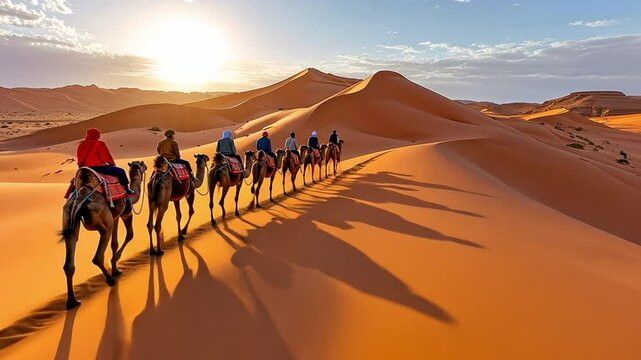 Camel caravan on a sand mound in the desert