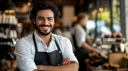 Fototapeta premium A smiling barista in a café, showcasing warm hospitality.